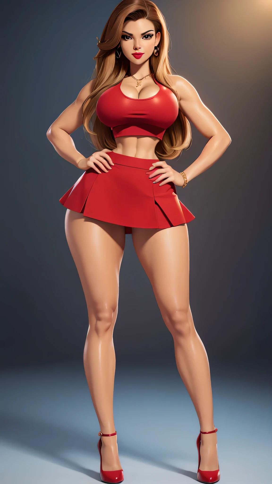 Latina woman, tall, curvaceous, hot and attractive, small waist, big hips, wide medium breasts, hip dips, red lips, tan skin, sleeveless crop top, cleavage bulge, brown shiny soft micro skirt, pelvic curtain micro skirt, leg slits, straight hair, Best quality, 8k, Masterpiece, realistic, photorealistic, full body view, tall, red heels, legs far apart, open legs far apart, 