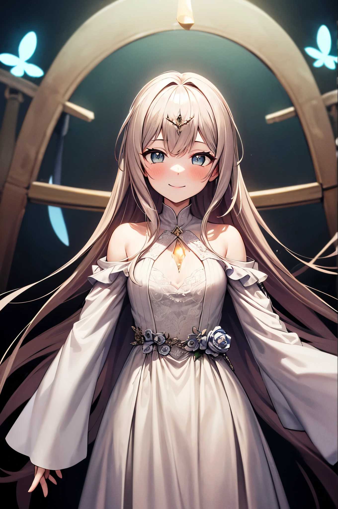 masterpiece, Highest quality, Julia Fe,  One girl, alone, Long Hair, View your viewers, blush, smile, Negative Space, (Bioluminescence:1.2), darkness, Dark Background, Long sleeve, dress, Bare shoulders, Medium chest, very Long Hair, Wide sleeves, Cape, white dress, Circlet