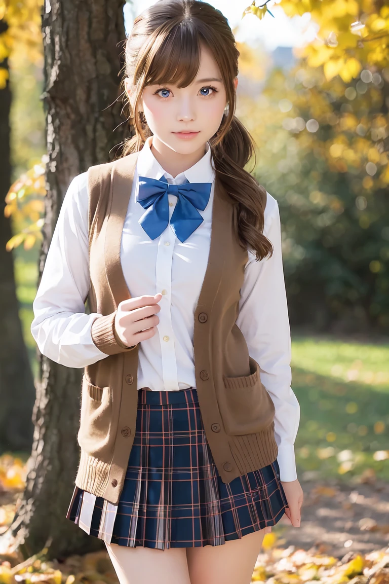 micro miniskirt, 1girl, pleated skirt, brown cardigan, long hair, red bowtie, outdoors, brown hair, cowboy shot, full body, standing, blue eyes, blue bowtie, plaid skirt, loafers, side ponytail 他