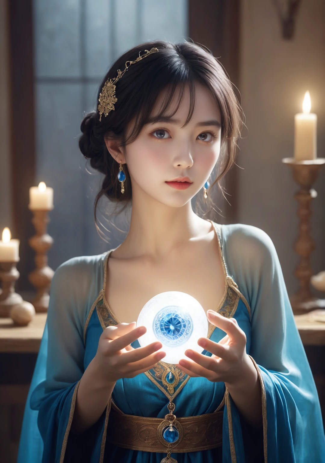 Female fortune teller. Body and face orientation: front. Charm, Beautiful and mysterious. She is wearing a blue cape、Have a clear face. The atmosphere is bright and sparkling, Filled with anxiety and anticipation. A fortune teller is standing. He has a crystal ball in his right hand. The lighting in the room is bright, Create a fantastic atmosphere. Best image quality, 4K or 8K resolution. Extremely detailed and realistic, Almost photorealistic. Artistic style is、It should reflect the formula's aesthetic with bright colors and strong contrast。. The color palette should emphasize the mysterious and mystical theme of the piece.. The fortune teller's cloak is decorated with metal trim and intricate designs.、The thickness ratio is 1.5. The overall atmosphere is starry and magical.. The fortune teller's facial expression should arouse mystical interest..