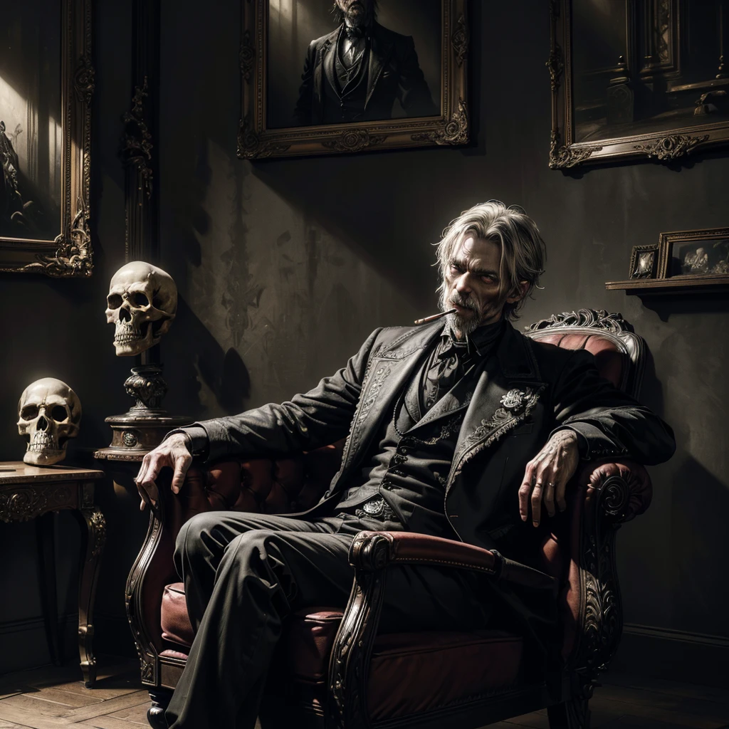 intricate detailed zombie,man with cigarette in mouth,sitting on victorian style armchair,gothic style living room,painting of demon portrait on wall,skulls on floor,(best quality,4k,8k,highres,masterpiece:1.2),ultra-detailed,(realistic,photorealistic,photo-realistic:1.37),dark moody lighting,dramatic shadows,cinematic composition
