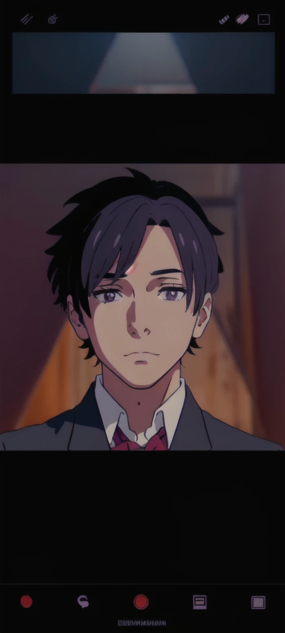 Handsome man , black suit, red strip on eyes, purple theme 