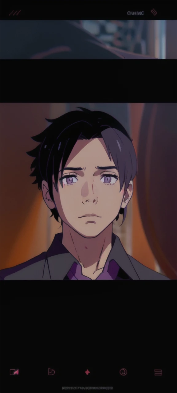 Handsome man , black suit, red strip on eyes, purple theme
