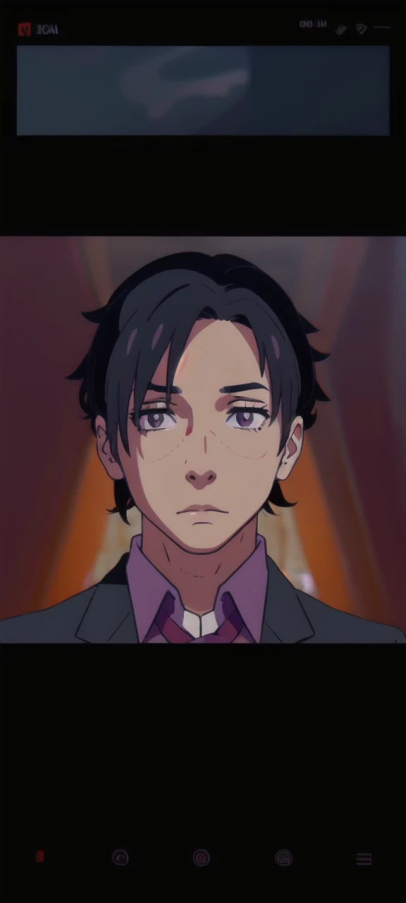 Handsome man , black suit, red strip on eyes, purple theme 