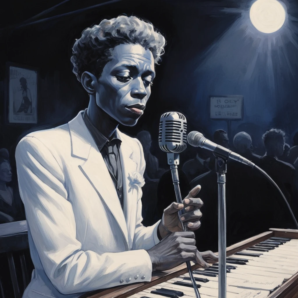 Robert Johnson, sandy, alabama bar, blue note, charismatic , illustration, white fantasy, bandera pride day, white lady, solitary, sad ending, microphone