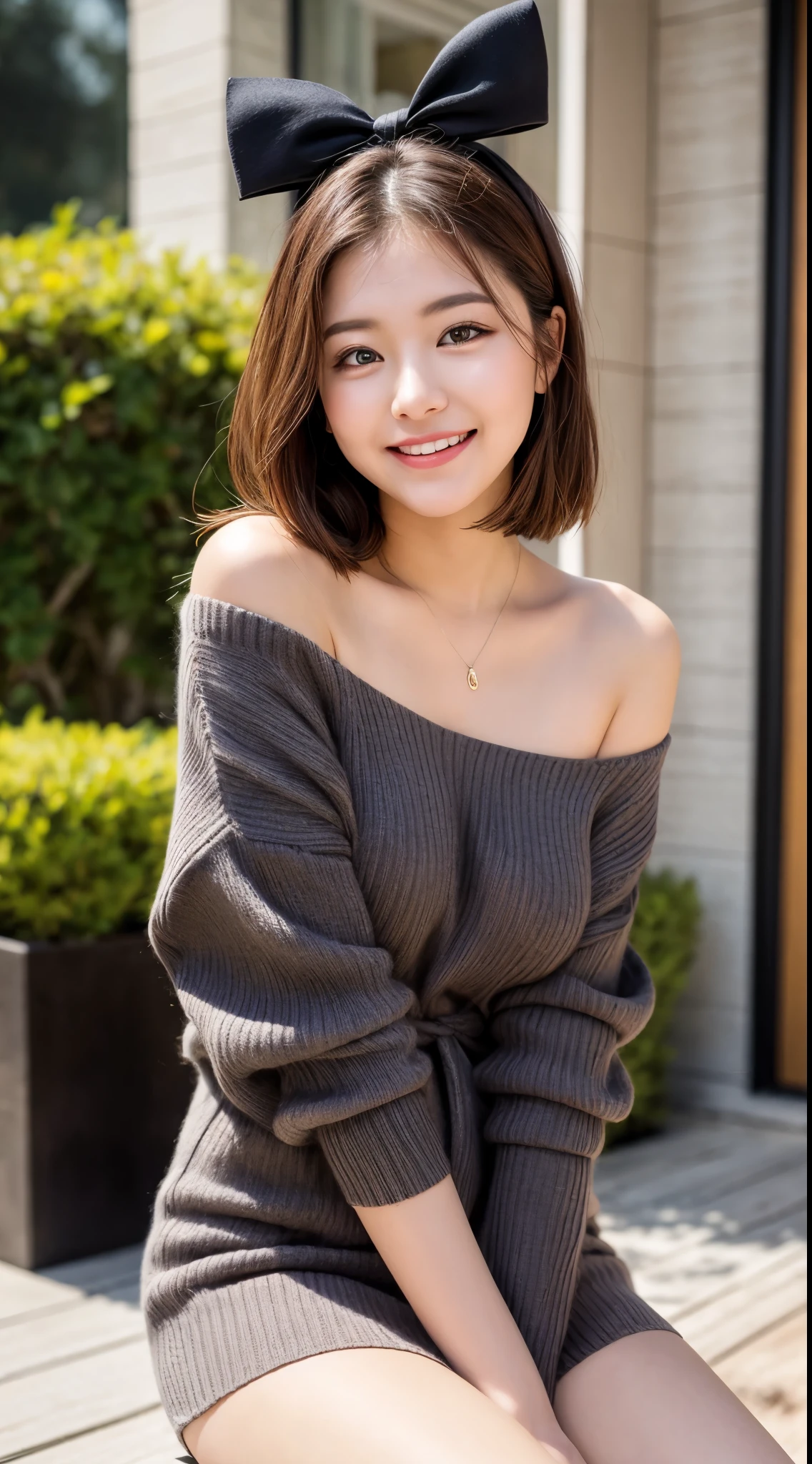 (((masterpiece))), (((Highest quality: 1.4))), ((Very detailed: 1.4)) , ulzzang-6500-v1.1, (RAW Photos:1.2), (Photorealistic), (Genuine:1.4), Sharp focus、Off the shoulder、Realistic female college student wearing a cashmere knit dress、Ultra-realistic pantyhose:1.3、short hair、Teasing Smile、Bare thighs!!! pumps