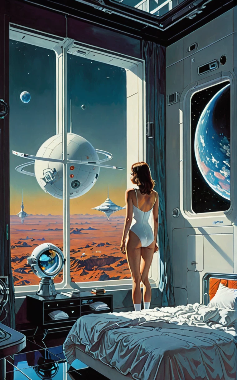 (by William Blake,by Thomas Cole,by jean giraud,por Syd Mead:0.4),award-winning masterpieces,broad_shooting,of_below:1.5,absurd mysterious painting style,A girl looking of the large window of a space station above the atmosphere, white underwear, Dystopian retro cyberpunk surrealism cinematic frames from a minimalist cinema masterpiece,in the style of opal rendering,grainy black and white noir,dream images,highly detailed ziprealism:0.9ZIP2D ROMPER