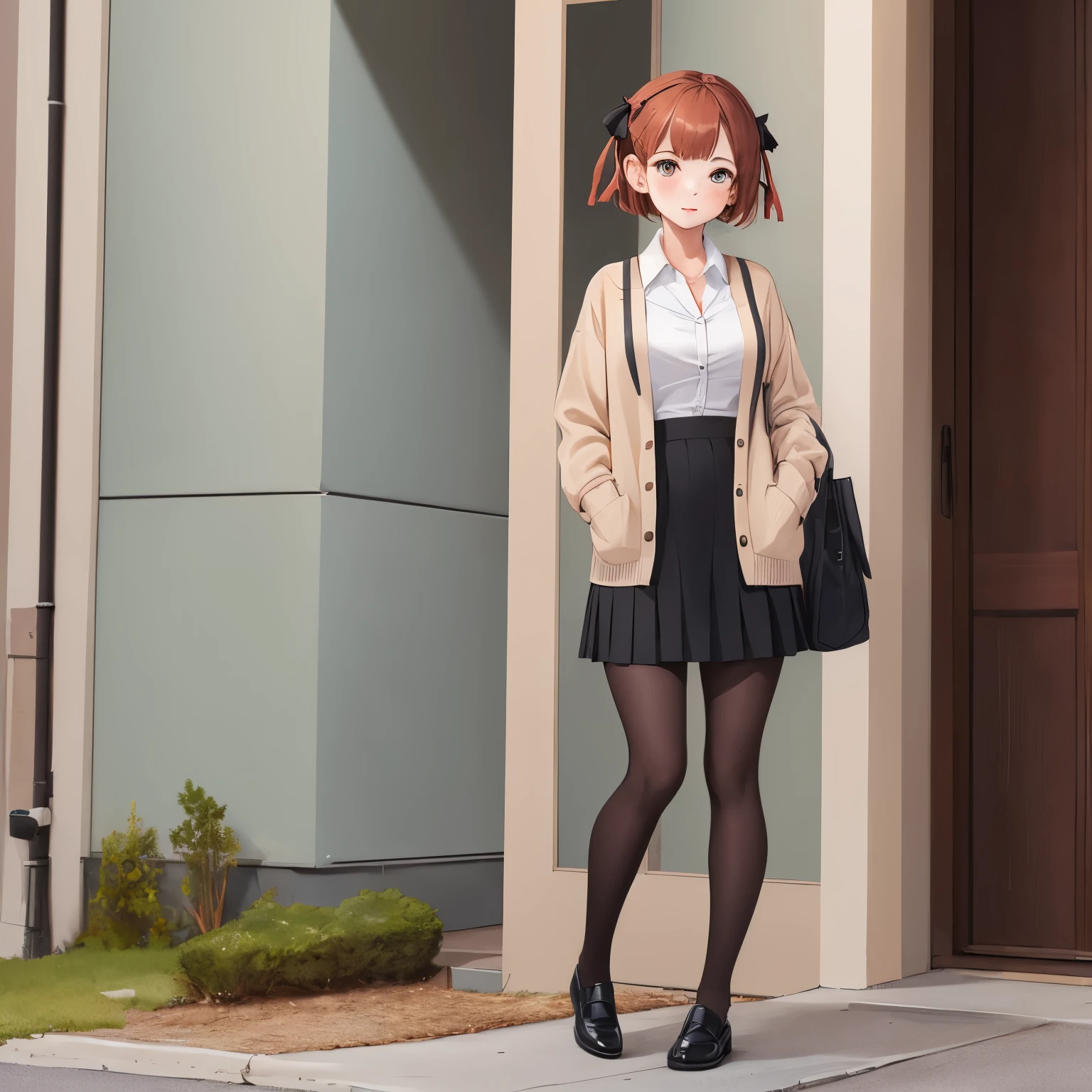 (((1girl)))masterpiece, Highest quality, High resolution, amber, short hair, pantyhose, Hair Ribbon, shirt, cardigan, High Waist Skirt, Are standing,full body,toe,shoses,