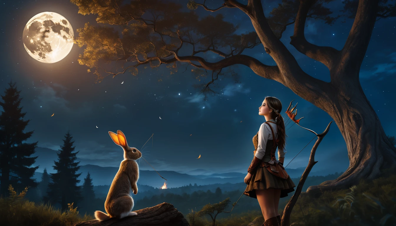 Highest quality Fantasy A young woman looking up at a large tree、Hunter with a bow Bonfire rabbit The background is a night forest Crescent Moon