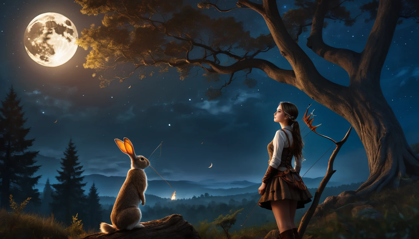 Highest quality　Fantasy　A young woman looking up at a large tree、Hunter with a bow　Bonfire　 rabbit　The background is a night forest　Crescent Moon