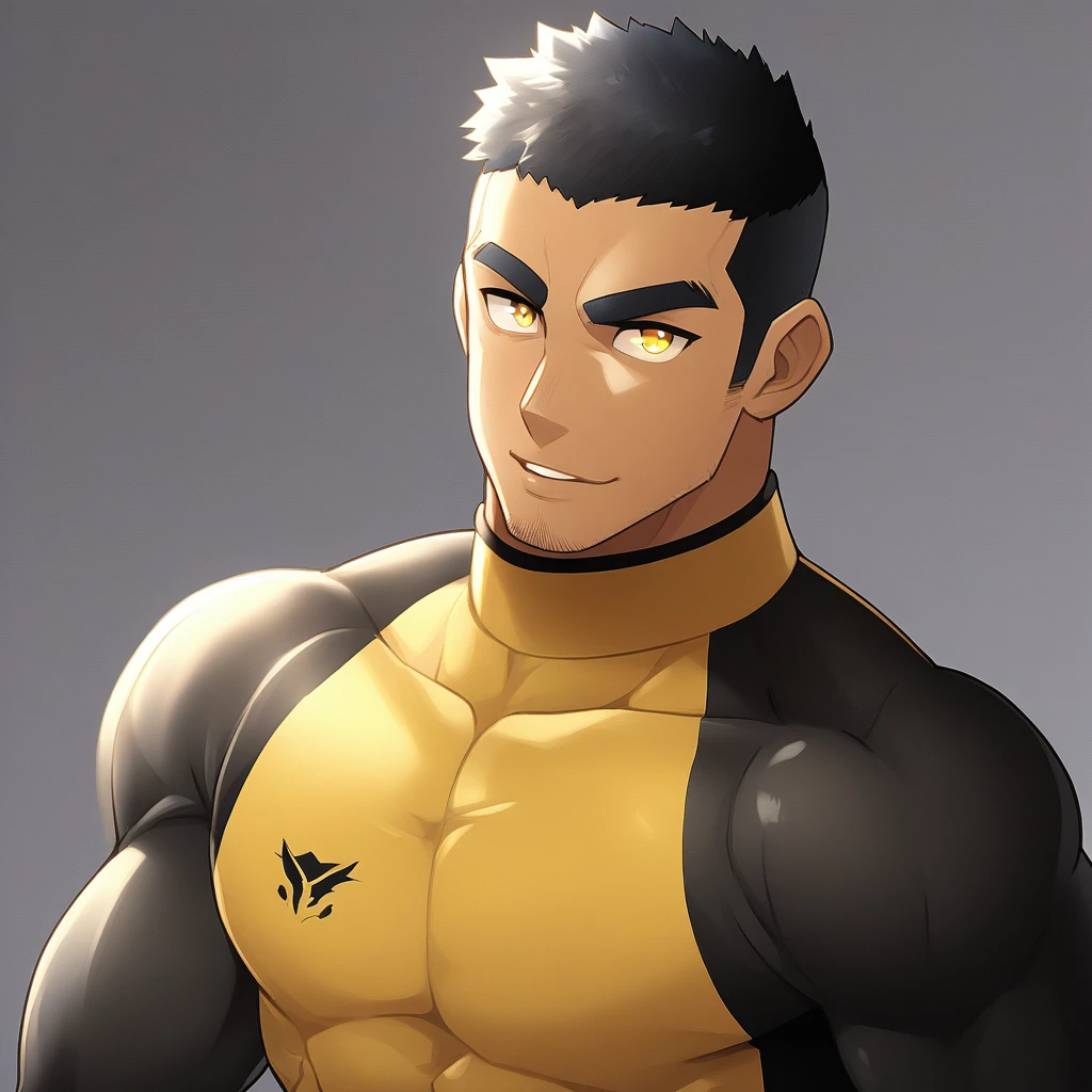 anime characters：Gyee, Young Muscle Sports Student, negro black skin, Buzz Cut, Manliness, male focus, Dark yellow high collar long sleeve tight T-shirt, Slightly transparent texture, Very tight, Slightly transparent, muscular male, muscular, only, Upper body, alone, Black short hair, Thick eyebrows, stubble, Yellow eyes, Grey background, simple background, amazing quality, best aesthetics, Ridiculous, bright pupils, crew cut, parted lips, seductive smile, torogao, naughty face, best quality