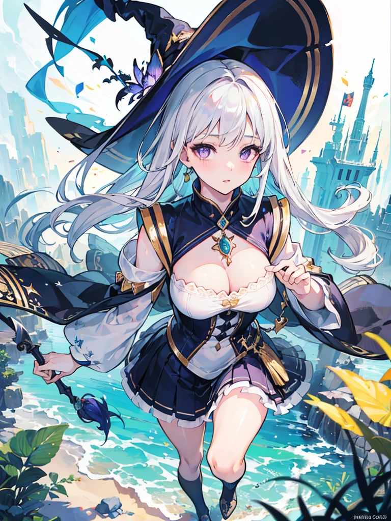 A witch casting a spell, long white hair, purple eyes, blushing, detailed beautiful eyes, detailed beautiful lips, extremely detailed face, long eyelashes, dynamic pose, dramatic lighting, vibrant colors, cinematic composition, big eyes, shy, tsundere, short skirt, long socks, wind element, nature, big wizard hat, (best quality,4k,8k,highres,masterpiece:1.2),ultra-detailed,(realistic,photorealistic,photo-realistic:1.37),HDR,UHD,studio lighting,ultra-fine painting,sharp focus,physically-based rendering,extreme detail description,professional,vivid colors,bokeh,fantasy,magical realism,concept art