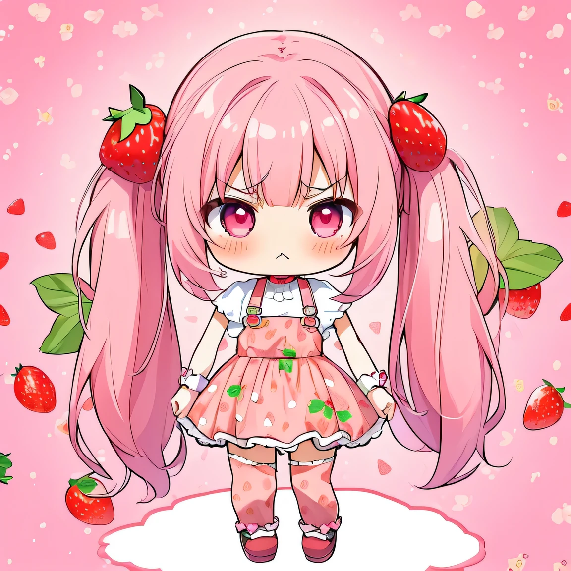 ((masterpiece)), ((best quality)), (ultra-detailed), ((kawaii)), cute, (lovely), illustration, anime style, full body, (chibi:1.6), A soft and gentle anime illustration, It features a 12-year-old girl with fluffy, permed twin-tails dyed pink, (large strawberry hair ties:1.1), She has pink eyes and a cute, Her overall appearance is adorable and exudes a sense of self-assurance, (pouty face:1.2), (frown:1.3), pastel pink outfit, ((strawberry print)).