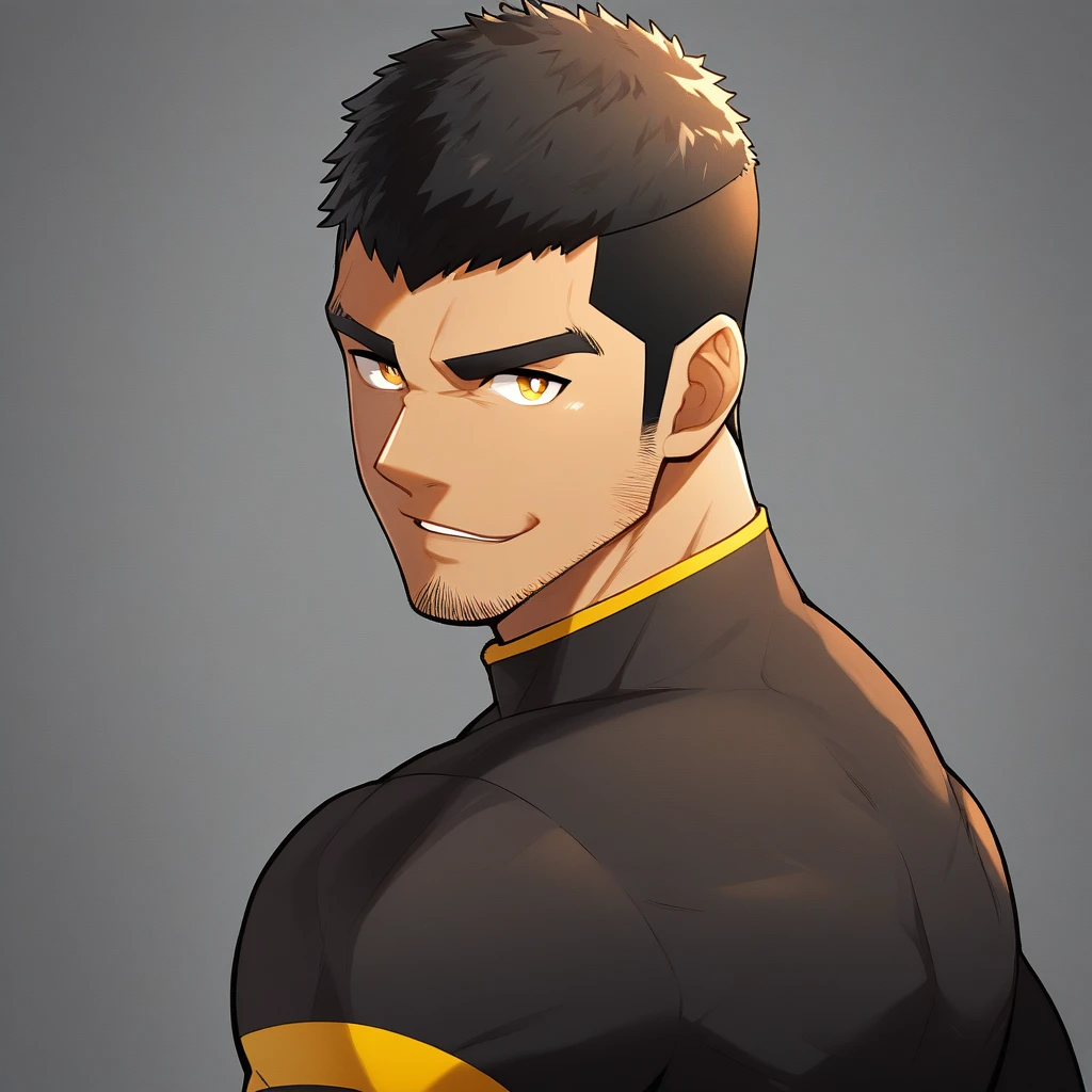 anime characters：Gyee, Young Muscle Sports Student, negro black skin, Buzz Cut, Manliness, male focus, Dark yellow high collar long sleeve tight T-shirt, Slightly transparent texture, Very tight, Slightly transparent, muscular male, muscular, only, Upper body, alone, Black short hair, Thick eyebrows, stubble, Yellow eyes, Grey background, simple background, amazing quality, best aesthetics, Ridiculous, bright pupils, crew cut, parted lips, seductive smile, torogao, naughty face, best quality