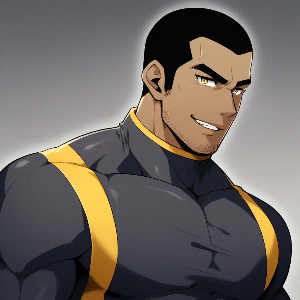 anime characters:Gyee, Young Muscle Sports Student, negro black skin, Buzz Cut, Manliness, male focus, Dark yellow high collar long sleeve tight T-shirt, Slightly transparent texture, Very tight, Slightly transparent, muscular male, muscular, only, Upper body, alone, Black short hair, Thick eyebrows, stubble, Yellow eyes, Grey background, simple background, amazing quality, best aesthetics, Ridiculous, bright pupils, crew cut, parted lips, seductive smile, torogao, naughty face, best quality