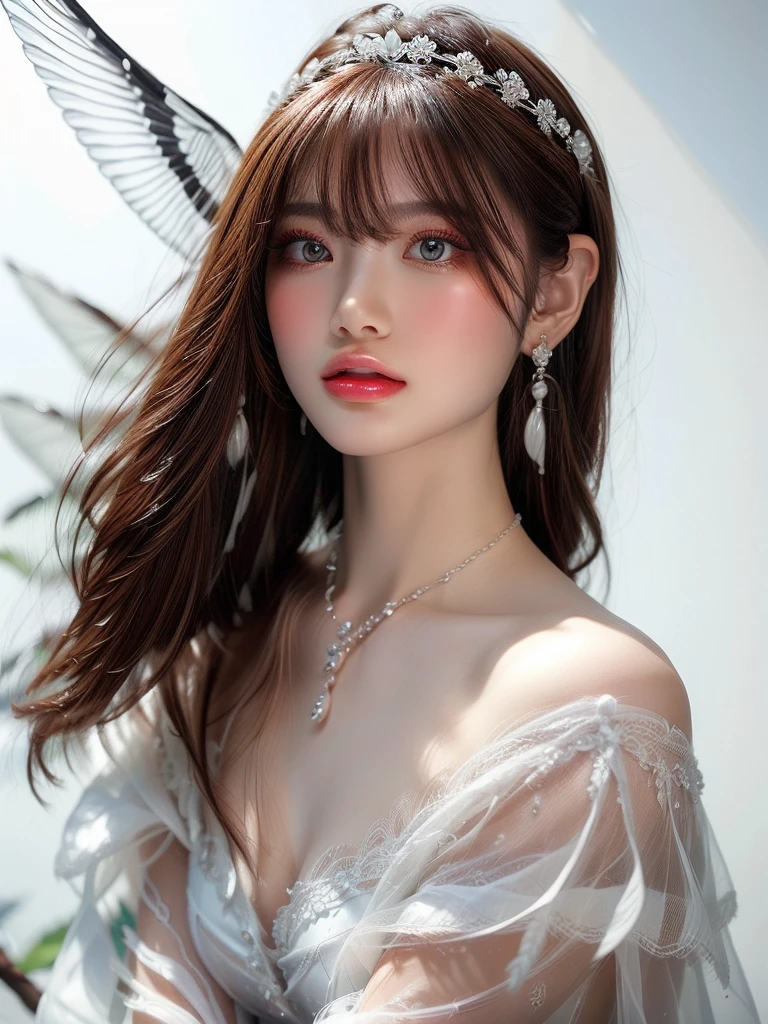 White Background、Professional Lighting、(((Professional Lighting 1.5)))、Translucent skin texture、Beautiful Skin、Beautiful Skin、、Off the shoulder、White Dress、See-through、fluttering feathers、Ecstasy of Musical Notes、(())、Face close-up、Simple earrings and necklace、