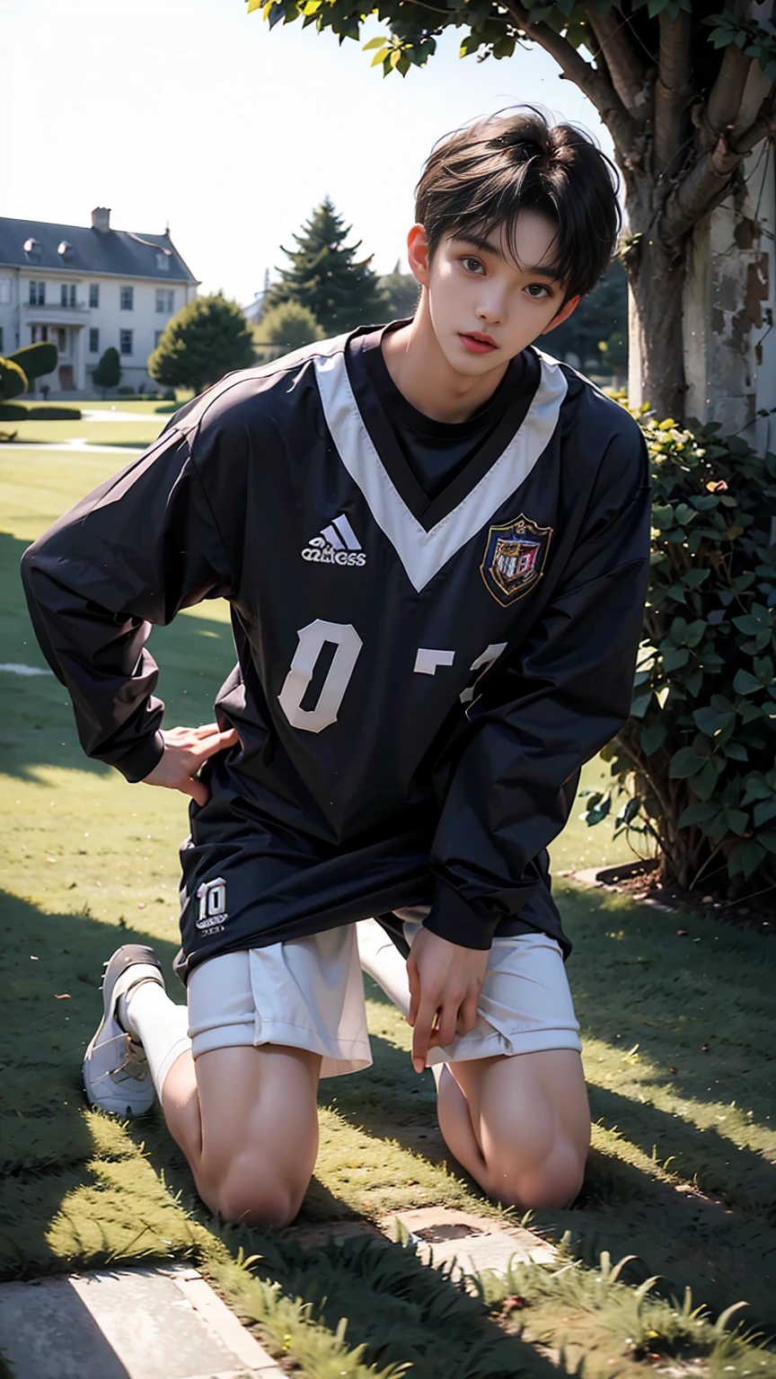 masterpiece,best quality,Frontal upward perspective,Stay away from the camera, (An 18-year-old tall boy:1.2), (Kneeling upright on the campus lawn:1.2),(Football Jersey),Broad shoulders,Muscular shoulders,(Extremely strong body),Muscular body,Fitness,Perfect body proportions,Inverted triangle figure,Biceps,Highlight muscle texture, Muscular body,Small head,Handsome and cute face,V-Shaped Face,Perfectly detailed facial features,Looking at the camera,Innocent expression,leaning back,head tilt, happy, very short hair, brown hair,(looking at viewer:1.2),Vision