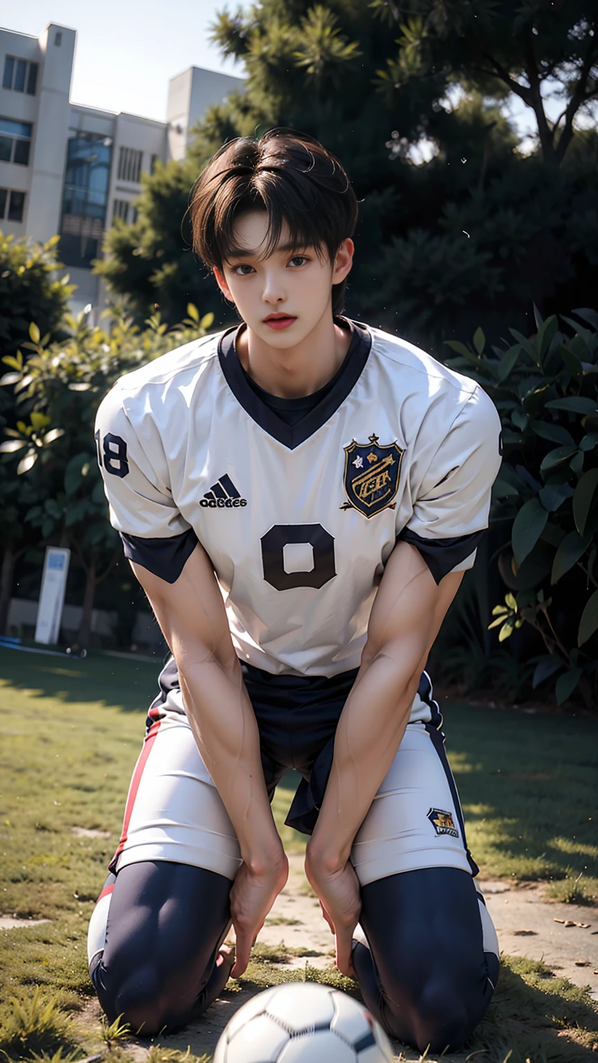 masterpiece,best quality,Frontal upward perspective,Stay away from the camera, (An 18-year-old tall boy:1.2), (Kneeling upright on the campus lawn:1.2),(Football Jersey),Broad shoulders,Muscular shoulders,(Extremely strong body),Muscular body,Fitness,Perfect body proportions,Inverted triangle figure,Biceps,Highlight muscle texture, Muscular body,Small head,Handsome and cute face,V-Shaped Face,Perfectly detailed facial features,Looking at the camera,Innocent expression,leaning back,head tilt, happy, very short hair, brown hair,(looking at viewer:1.2),Vision