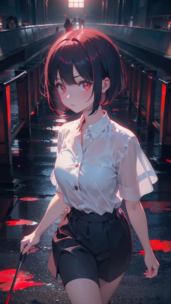 girl with short bob hair,Red eyes ,A shining heaven,Walking in heaven,A distant view