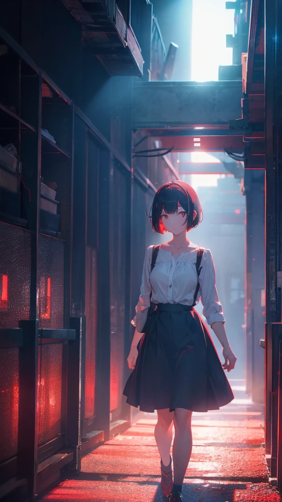 girl with short bob hair,Red eyes ,A shining heaven,Walking in heaven,A distant view