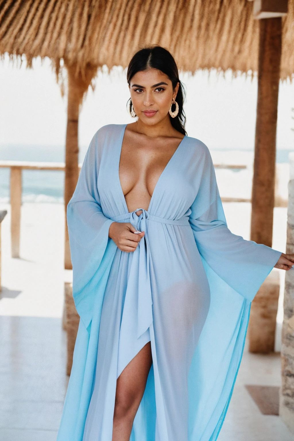 RAW photo,candid photograph, full body,photo of a beautiful,influencer,30yo Kurdish woman,wearing a pastel Kaftan, detailed skin,pubes,naked, looking at viewer, thick body structure,white background,no background, candid pose,blue light, film grain, kodak color, instagram LUT