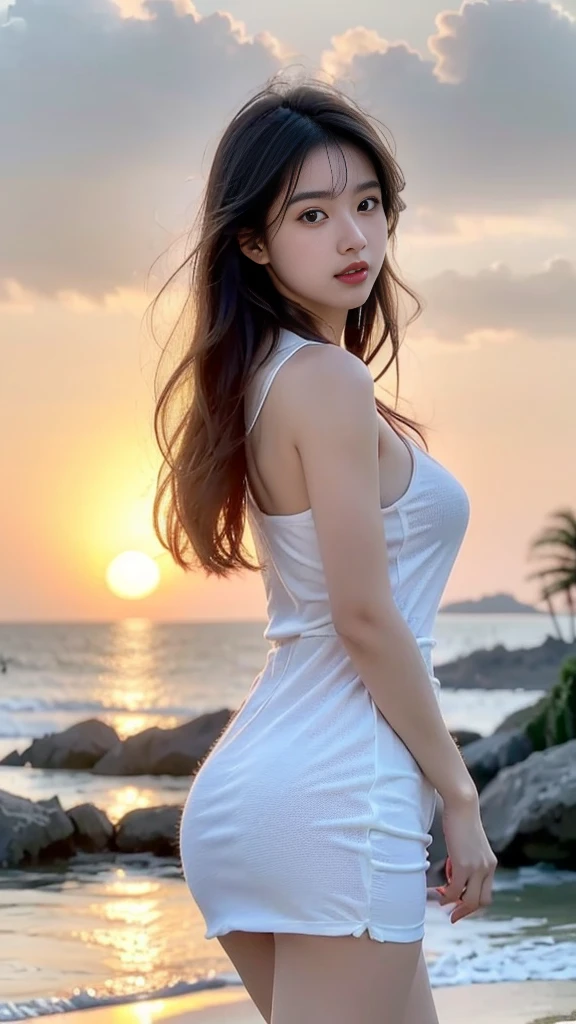Ultra-detailed 8K photos of Japanese gravure models,Shoulder-length wavy hair and striking hazel eyes. She strikes a seductive pose on a tropical beach, dress chicly, Vest, mini skirt, The afterglow of the setting sun casts a warm light on her, when she naughtily, Looking at the camera, Surrounded by peaceful and beautiful ocean and palm trees