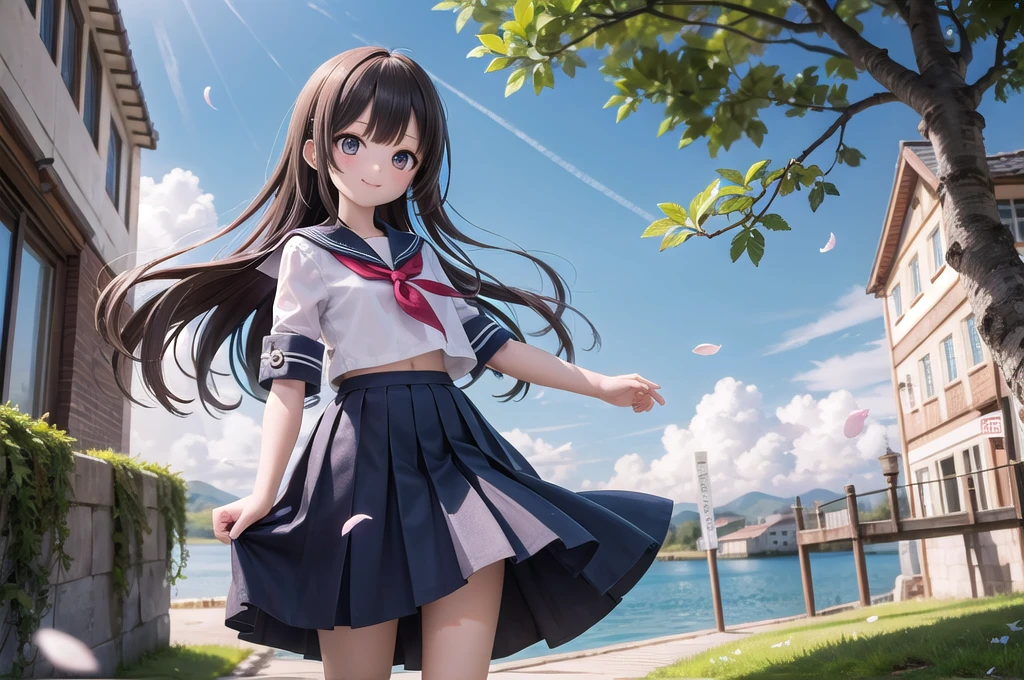 (masterpiece), town, blue sky, One Girl, smile, alone, Sailor suit、Long skirt, Overgrown, petal, plant、Skirt lining、Translucent slip、Nostalgic、Strong winds、Skirt fluttering in the wind