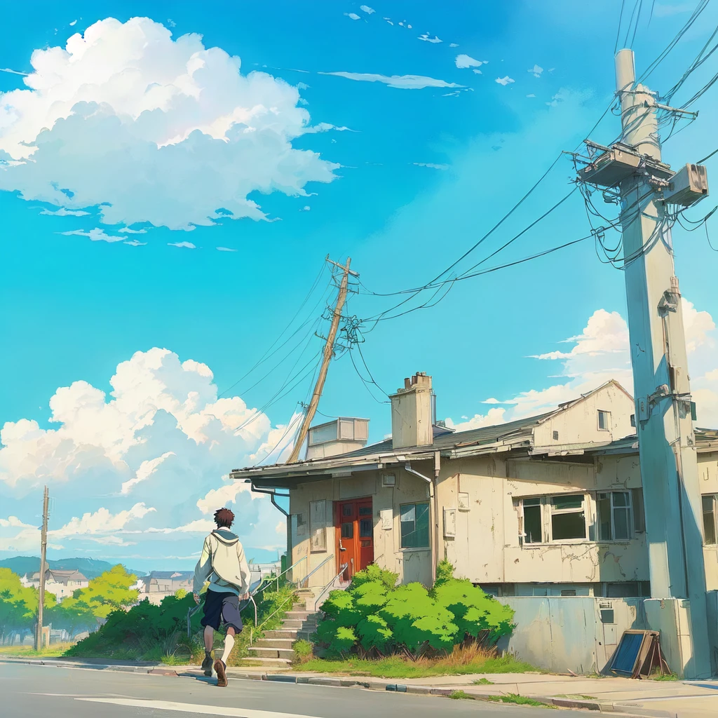 anime - style painting of a man walking down a street in front of a building, in style of makoto shinkai, style of makoto shinkai, beautiful anime scene, ( ( makoto shinkai ) ), anime style mixed with fujifilm, anime countryside landscape, by Makoto Shinkai, by makoto shinkai, studio glibly makoto shinkai