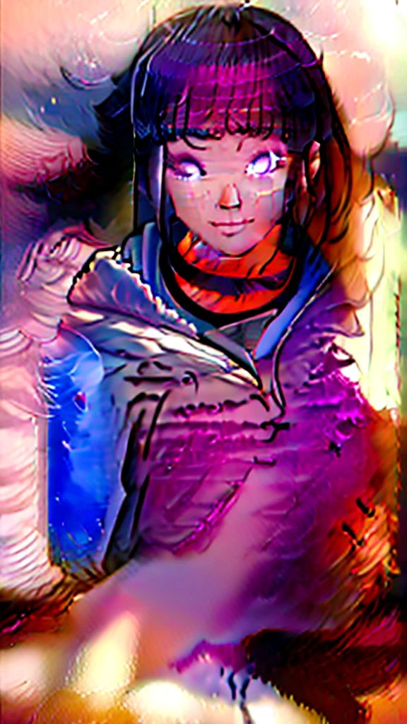 beautiful, masterpiece, best quality, extremely detailed face, perfect lighting, 1girl, hinata, hyuuga hinata, bangs, empty_eyes, black_hair, blunt_bangs, grey eyes, grey sleeves, headband_around_neck, highres, hime cut, hooded_cardigan, long sleeves, looking_at_viewer, petals, smile, solo, straight hair, upper body, hooded jacket, perfect body,  size 115.