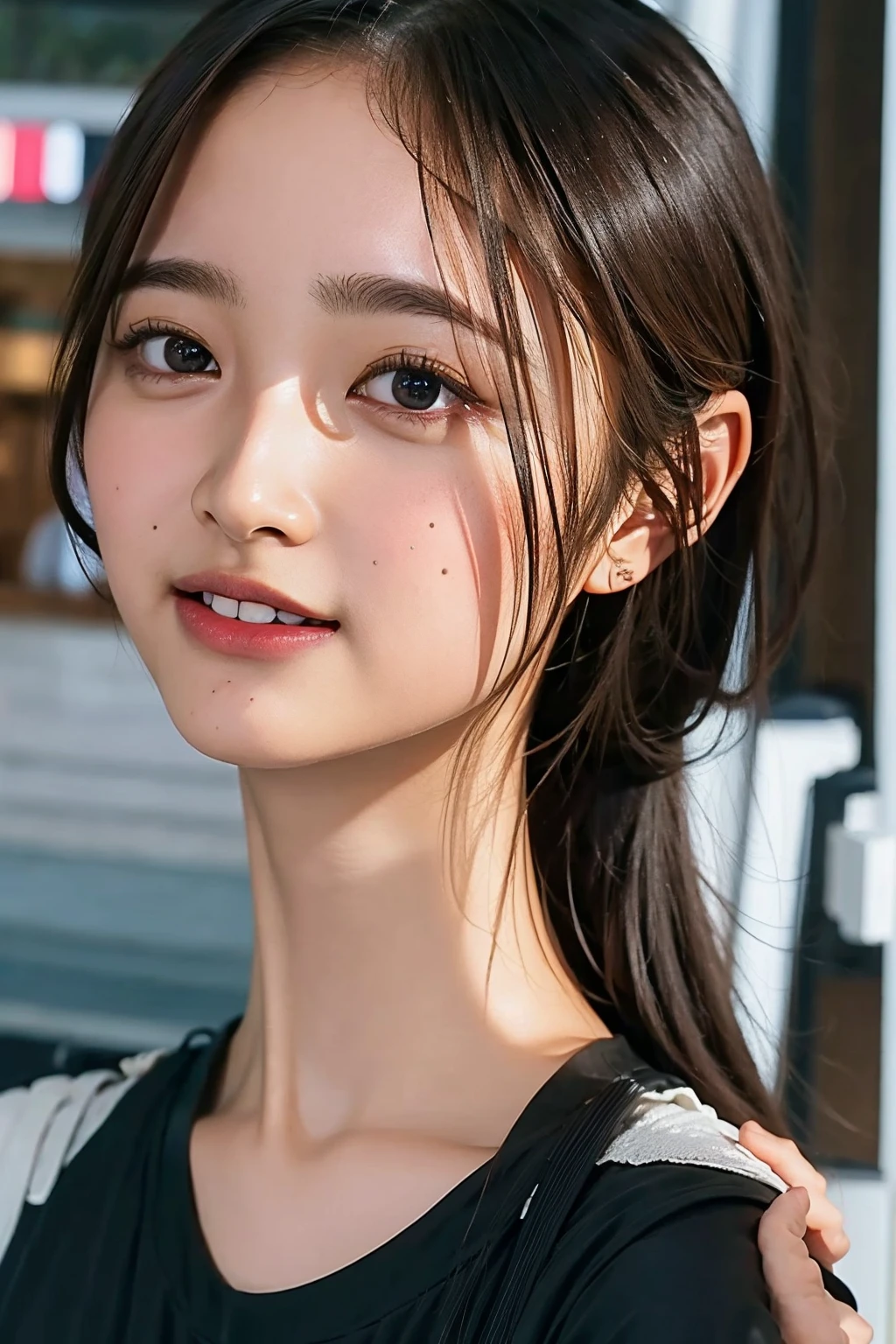 (((upper body shot))),Ultra-high resolution,big eyes,((brown eyes)),Japanese,(forehead),(a girl),(1 girl),(()),(cute),pretty,((facing at viewer)),arms behind back,grin,(((black clothes)))