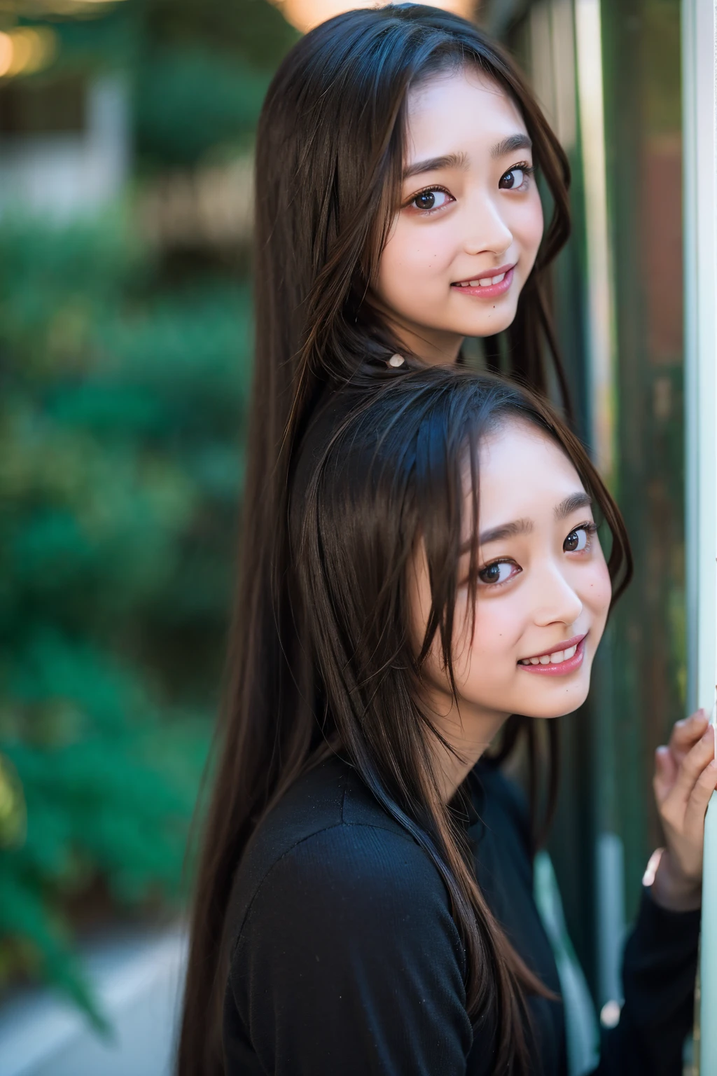 (((upper body shot))),Ultra-high resolution,big eyes,((brown eyes)),Japanese,(forehead),(a girl),(1 girl),(()),(cute),pretty,((facing at viewer)),arms behind back,grin,(((black clothes)))