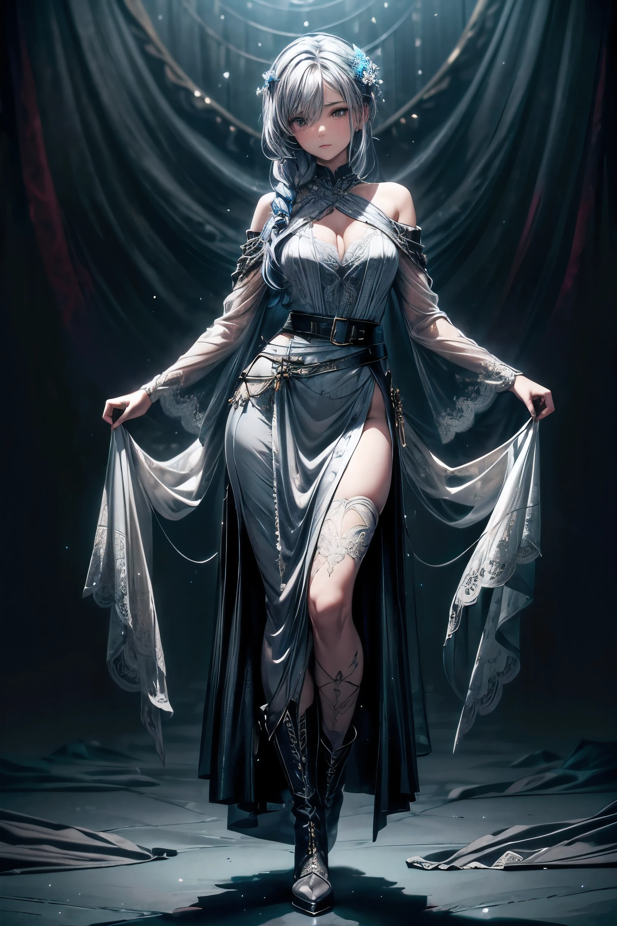 (((full-body longshot))), Hair Color: Raven Black with Natural Silver Highlights
Eye Color: Misty Gray with Electric Blue Flecks
Body Type: with youthful features but subtle signs of maturity
Distinctive Features: Pale, shimmering skin with a faint scar on her cheek Top: The dress features a high, mandarin-style collar that frames her neck elegantly. The bodice is fitted, accentuating her slender waist while subtly highlighting her developing figure. Intricate silver embroidery in swirling patterns decorates the bodice, mimicking the natural flow of mist around a mountain. The sleeves are long and billowing, with slits running from shoulder to wrist, allowing flashes of her pale skin to be seen as she moves.
Skirt: The skirt flows from her waist in multiple layers of varying lengths. The outermost layer is the longest, reaching just above her ankles, while the inner layers are progressively shorter, creating a cascading effect. Each layer is edged with delicate lace in silver thread, adding to the garment's mystical aesthetic. The skirt is designed to swirl gracefully around her, enhancing her movements and giving her an almost otherworldly presence.
Accents and Accessories
Shawl: Alena wears a shawl made from a sheer, silver-threaded fabric that drapes over her shoulders and trails behind her. The shawl is embroidered with delicate patterns of mist and clouds, and it shimmers faintly, adding to her ethereal look. The shawl is fastened at her throat with a brooch shaped like a swirling cloud, encrusted with small, electric blue gemstones that match her eyes.
Belt: Around her waist, she wears a thin, silver belt that cinches the dress and adds a touch of structure. The belt is adorned with small charms shaped like leaves and flowers, each one intricately detailed and lightly jingling as she moves.
Boots: Her footwear consists of knee-high boots made from soft, white leather. The boots are laced up the front with silver cords and have a subtle heel, adding to her hei