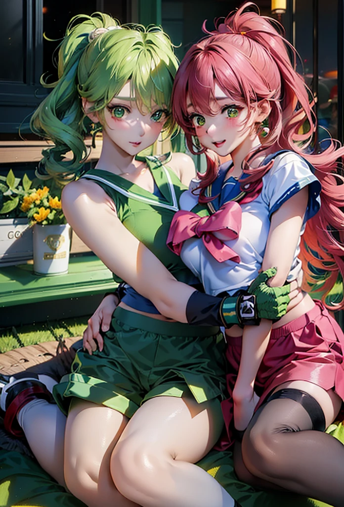Anime Girlsセーラー戦士。White panties、Beautiful Faces、Beautiful thighs、 with green hair and green stockings posing on a bed, seductive Anime Girls, beautiful Anime Girls squatting, the Anime Girls is crouching, I also make fan art, Beautiful and attractive anime teen, Anime Girlss, Naughty anime style, Highly detailed art gems, Anime Girls, Anime Goddess, Anime Moe Art Style, anime waifu, Lit from behind, Highest quality, One Girl, (Sailor Neptune),Green Hair, (Green Eyes:1.2),((sporty))、((Bike Pants))、Hair length、((Embarrassed expression))、((Bedroom))、((Backward view))、((Butt))、((Thigh-high socks))