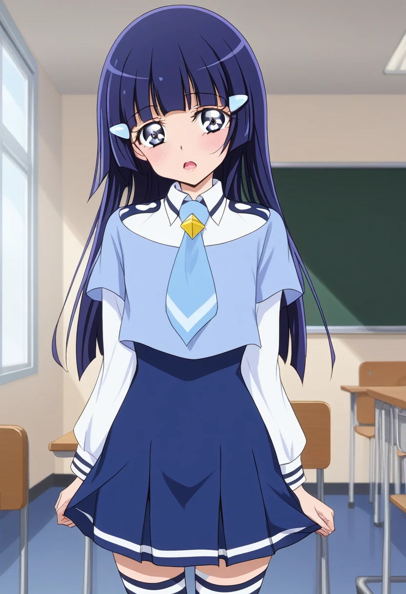 a result_9, a result_7_higher, Tafah, Best quality, source_Anime, Perfect face, Beautiful detailed eyes, Anime screencap, Break 1 female, Okay Rika, hairpin, long hair, Blue hair, Blue eyes, Nanirugaoka Middle School_Uniforms, Blue school_Uniforms, long sleeves, Blue tie, White striped socks, Flat chest fracture, He smiles, Blush, Open mouth, Standing, Nice situation, Head tilt, Break inside, classroom,
