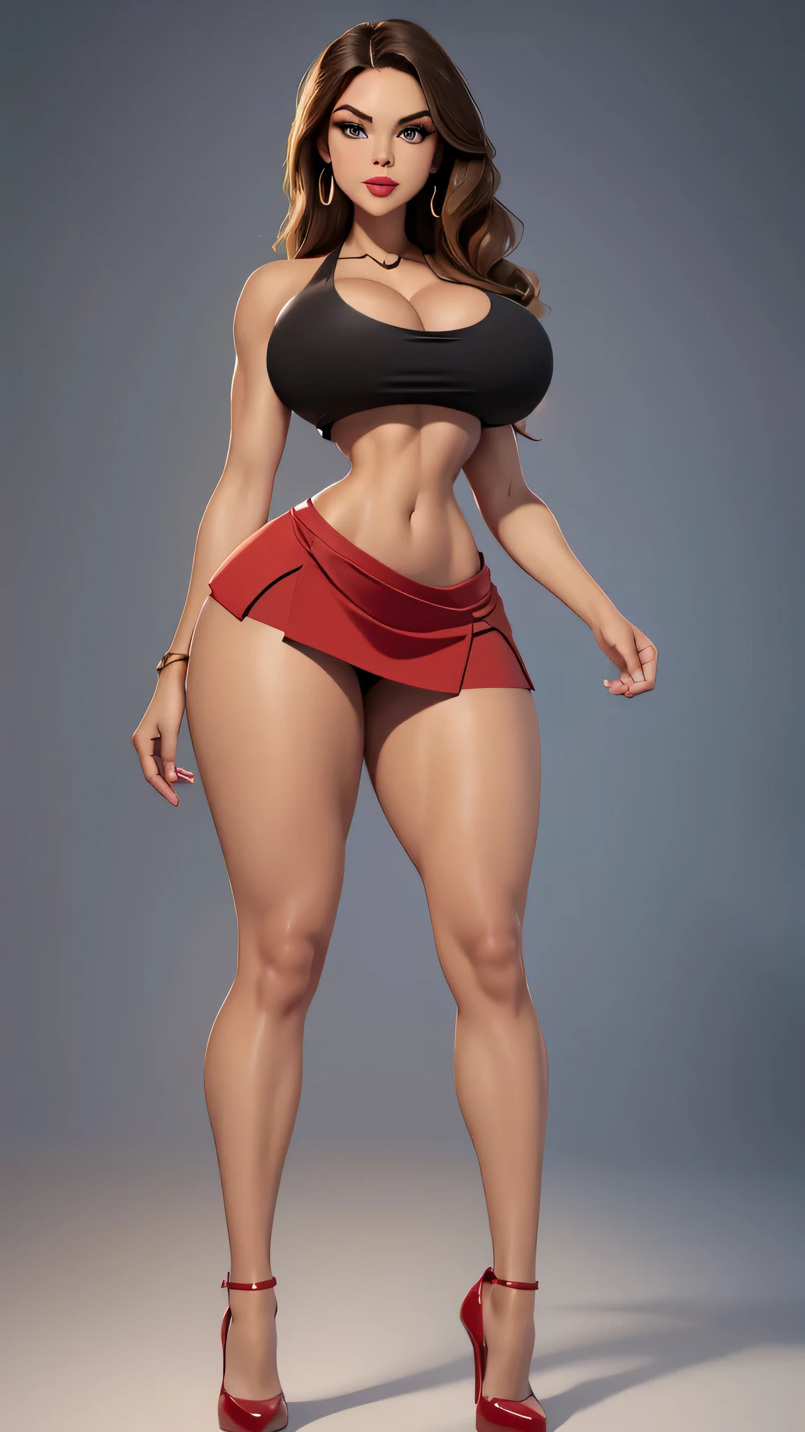 Detauled face, detailed eyes, Latina woman, tall, curvaceous, hot and attractive, small waist, big hips, wide medium breasts, hip dips, red lips, tan skin, sleeveless crop top, cleavage bulge, brown shiny soft micro skirt, pelvic curtain micro skirt, leg slits, straight hair, Best quality, 8k, Masterpiece, realistic, photorealistic, full body view, tall, red heels, legs far apart, open legs far apart,