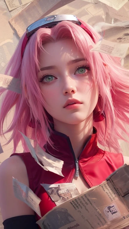 young woman, short shoulder-length pink hair, wide forehead, porcelain skin, pink eyebrows, big emerald green eyes, buttoned nose, full lips, heart-shaped face, slender body, small breasts, red tank top, Sakura Haruno , realistic, realism, details, 3d, well detailed