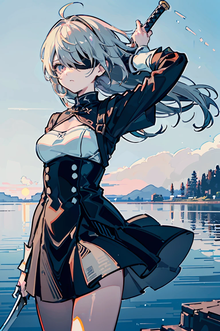 2b, Nier Automata,Black blindfold, ((1 Girl)), (Detailed and clear face) ,Cool woman,Rough poses, Warrior,Moonlit Night, Standing on the lake, ,(Holding a long sword)Arondight, Sad expression, new, (Cowboy Shot),((Very detailed,Highest quality, High resolution, 8K壁紙, 美new服,)),((Messy Hair)), Blowing in the Wind,16-year-old girl, Romanticism, modern art, Impressionism, reflected light, 8K, masterpiece, Advanced Details, Highest quality, Accurate anatomy, Five Fingers