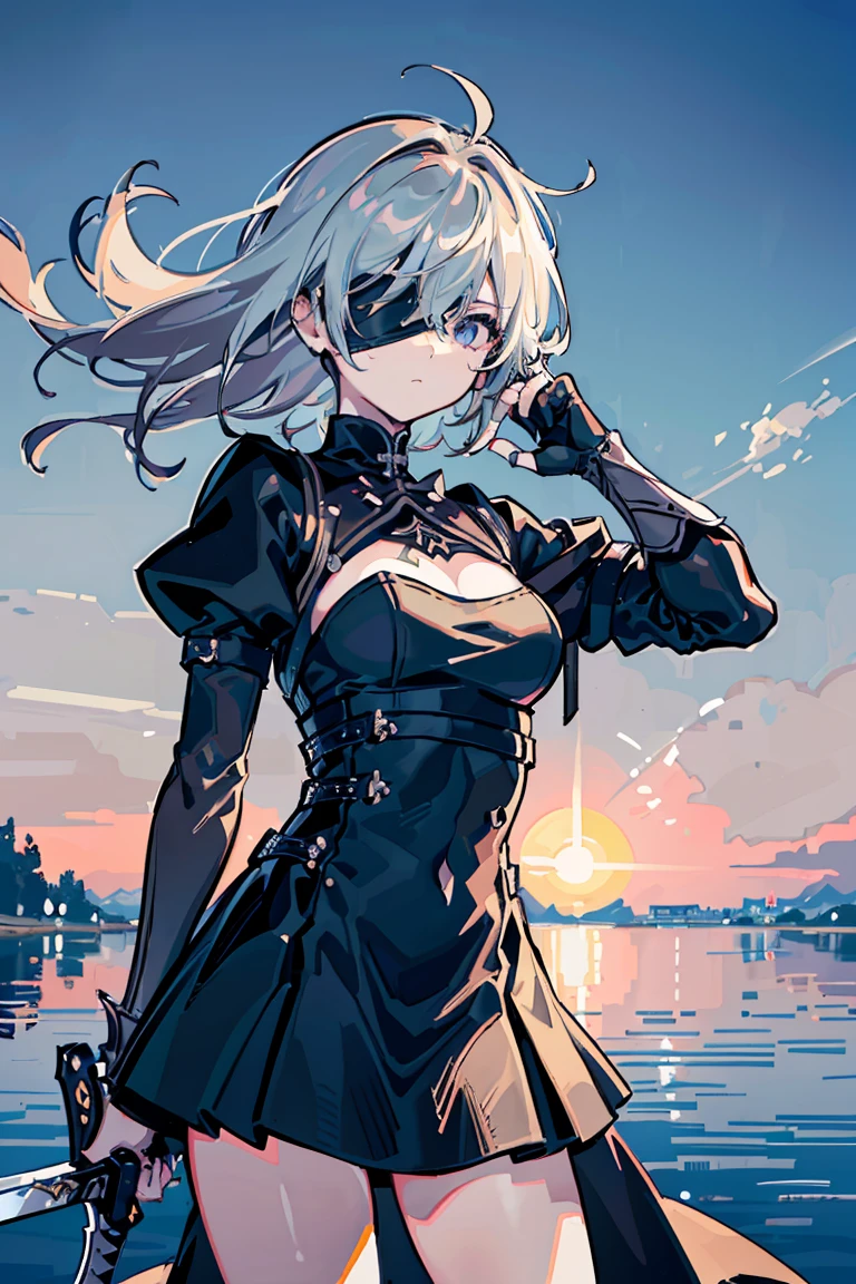2b, Nier Automata,Black blindfold, ((1 Girl)), (Detailed and clear face) ,Cool woman,Rough poses, Warrior,Moonlit Night, Standing on the lake, ,(Holding a long sword)Arondight, Sad expression, new, (Cowboy Shot),((Very detailed,Highest quality, High resolution, 8K壁紙, 美new服,)),((Messy Hair)), Blowing in the Wind,, Romanticism, modern art, Impressionism, reflected light, 8K, masterpiece, Advanced Details, Highest quality, Accurate anatomy, Five Fingers