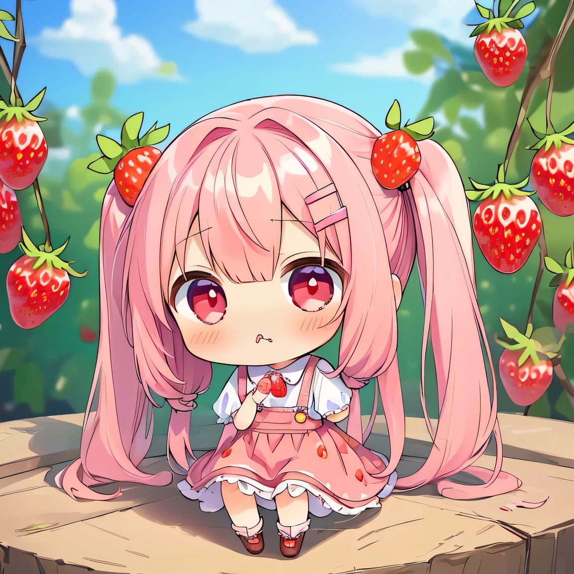 ((masterpiece)), ((best quality)), (ultra-detailed), ((kawaii)), cute, (lovely), illustration, anime style, (chibi:1.6), A soft and gentle anime illustration, It features a 12-year-old girl with fluffy, permed twin-tails dyed pink and large strawberry hair ties. She has pink eyes and a cute, Her overall appearance is adorable and exudes a sense of self-assurance, (pouty face:1.2), (Strawberry shaped hair clip:1.5), pastel pink outfit.