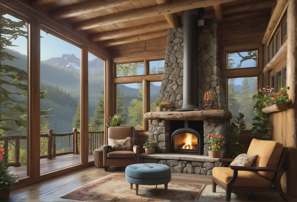 (best quality,4k,8k,highres,masterpiece:1.2),ultra-detailed,(realistic,photorealistic,photo-realistic:1.37),Mountain Cabin,cozy cabin,wooden cabin surrounded by mountains,serene atmosphere,great attention to detail,peaceful setting,panoramic view of the mountains and forest,secluded location,one large windows with breathtaking views,quaint and rustic design,smoke coming out of the chimney,warm and inviting ambiance,crackling fireplace,comfy furniture,soft and warm lighting,tranquil colors,natural materials,wood paneling,beautifully landscaped garden with colorful flowers and plants,clear blue sky,fresh air,gentle breeze,rustling leaves,quietude and serenity,hiking trails,nature exploration,adventure,hideaway,escape from the busy city life,perfect place for relaxation and meditation.