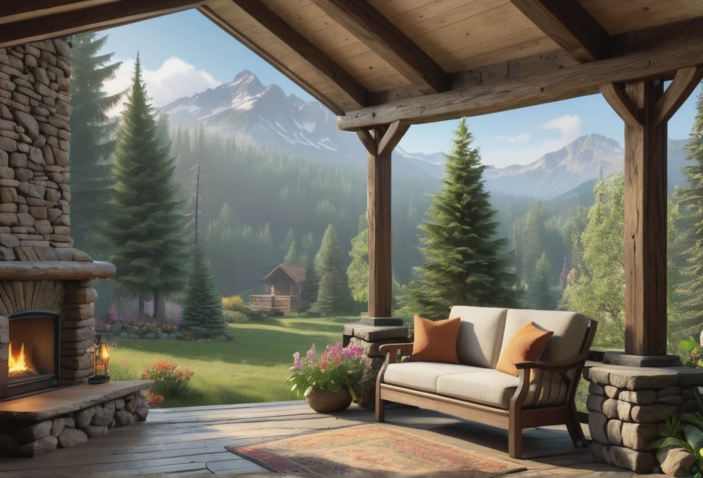 (best quality,4k,8k,highres,masterpiece:1.2),ultra-detailed,(realistic,photorealistic,photo-realistic:1.37),Mountain Cabin,cozy cabin,wooden cabin surrounded by mountains,serene atmosphere,great attention to detail,peaceful setting,panoramic view of the mountains and forest,secluded location,one large windows with breathtaking views,quaint and rustic design,smoke coming out of the chimney,warm and inviting ambiance,crackling fireplace,comfy furniture,soft and warm lighting,tranquil colors,natural materials,wood paneling,beautifully landscaped garden with colorful flowers and plants,clear blue sky,fresh air,gentle breeze,rustling leaves,quietude and serenity,hiking trails,nature exploration,adventure,hideaway,escape from the busy city life,perfect place for relaxation and meditation.