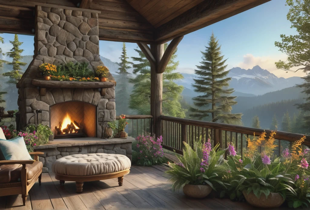 (best quality,4k,8k,highres,masterpiece:1.2),ultra-detailed,(realistic,photorealistic,photo-realistic:1.37),Mountain Cabin,cozy cabin,wooden cabin surrounded by mountains,serene atmosphere,great attention to detail,peaceful setting,panoramic view of the mountains and forest,secluded location,one large windows with breathtaking views,quaint and rustic design,smoke coming out of the chimney,warm and inviting ambiance,crackling fireplace,comfy furniture,soft and warm lighting,tranquil colors,natural materials,wood paneling,beautifully landscaped garden with colorful flowers and plants,clear blue sky,fresh air,gentle breeze,rustling leaves,quietude and serenity,hiking trails,nature exploration,adventure,hideaway,escape from the busy city life,perfect place for relaxation and meditation.