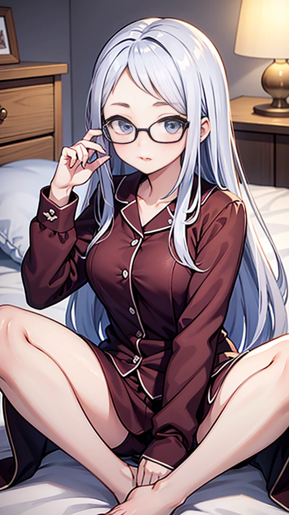 Create an anime-style illustration of a  named Shizuka. She has long, straight, blue hair with bangs cut straight across her forehead. She has large, almond-shaped silver-blue eyes and porcelain-like white skin. Shizuka often wears glasses.Pajamas with long sleeves、On the bed、Blushing