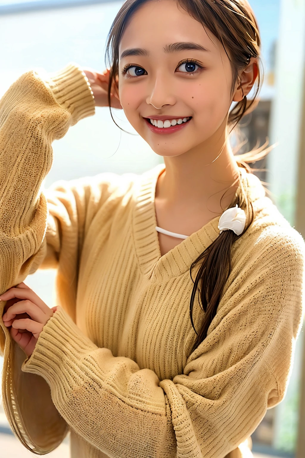 (((upper body shot))),Ultra-high resolution,big eyes,(brown eyes),Japanese,(forehead),(a girl),(1 girl),((18-year-old)),cute,pretty,((facing at viewer)),grin,(((white clothes)))