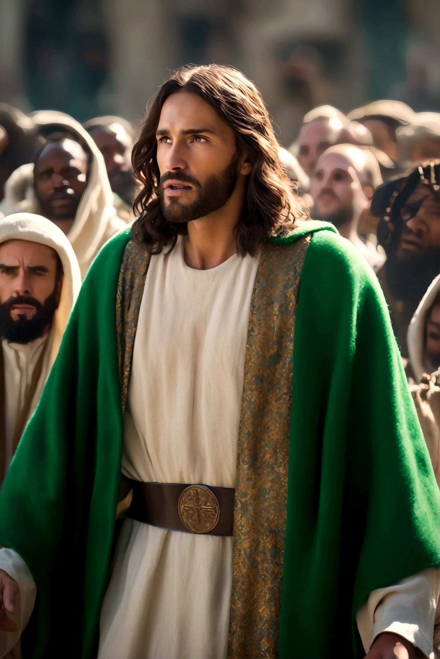Ultra-fine portrait of Jesus speaking to the Pharisees and being heard by the crowd, white robes, with a green cape. cinematic lighting, Depth of field, bokeh, 真实感, photorrealistic, hiper-真实感, professional photograpy, ultra HD, dslr, HDR, 32k