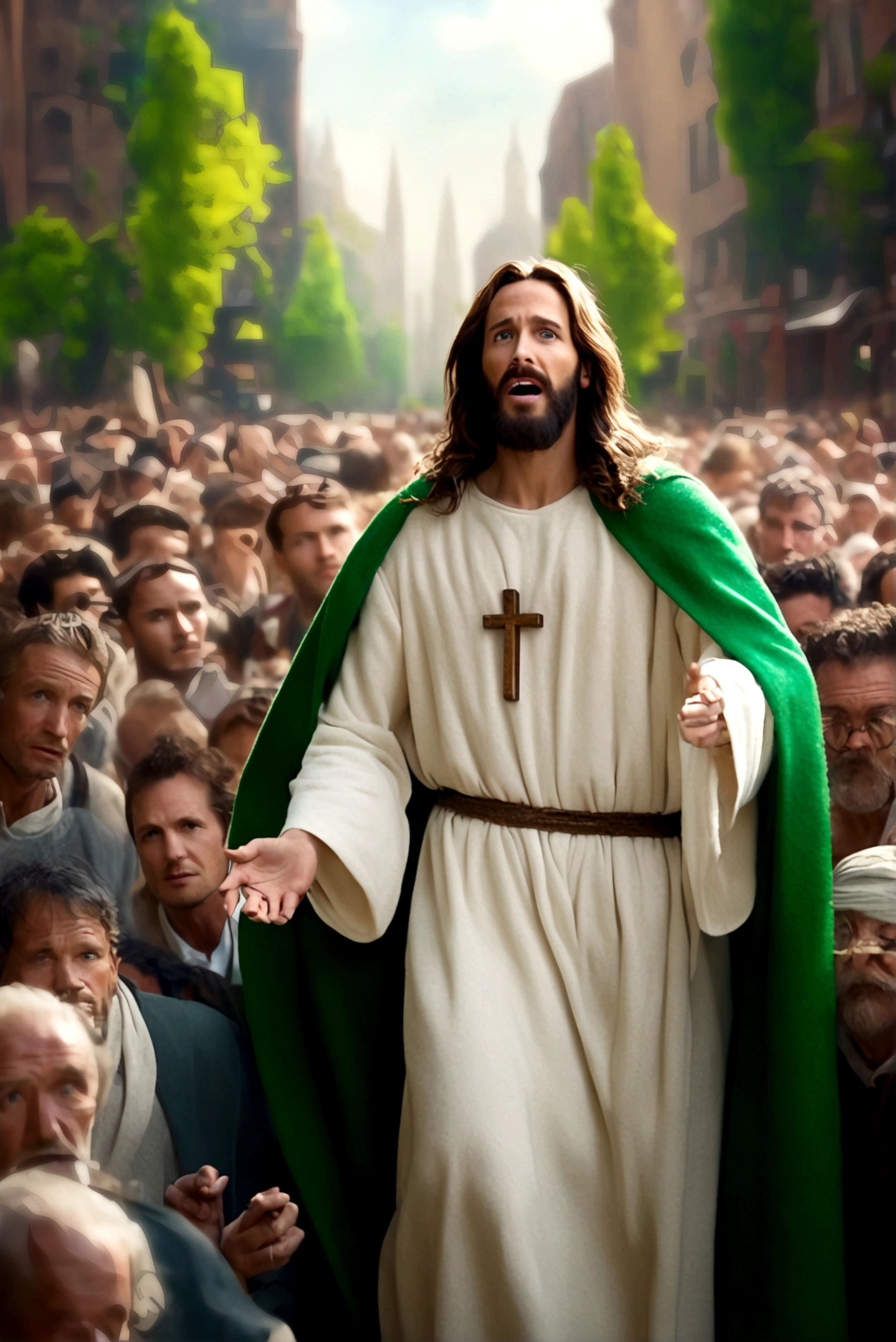 Ultra-fine portrait of Jesus speaking to the Pharisees and being heard by the crowd, white robes, with a green cape. cinematic lighting, Depth of field, bokeh, 真实感, photorrealistic, hiper-真实感, professional photograpy, ultra HD, dslr, HDR, 32k