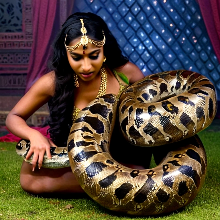  Happy Horny, aroused 1girl), beautiful kneeling Indian  belly dancer  with  giant colossal black titanboa squeezing her hard, wrapped in thick spiraling coils, constricted, struggle, gasping for air, snake attack, snake peril, moonless night, dim light