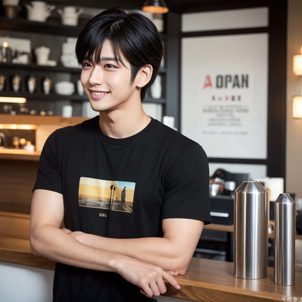 30-year-old boy, Japanese,Double eyelids,Reddish cheeks,Mole on cheek,smile,Stylish clothing,T-Shirts,Black hair style,profile, Photo inside the cafe, Straight Pose, Perfect lighting, Deep Shadow, Highest quality, masterpiece, Ultra-high resolution, Realistic