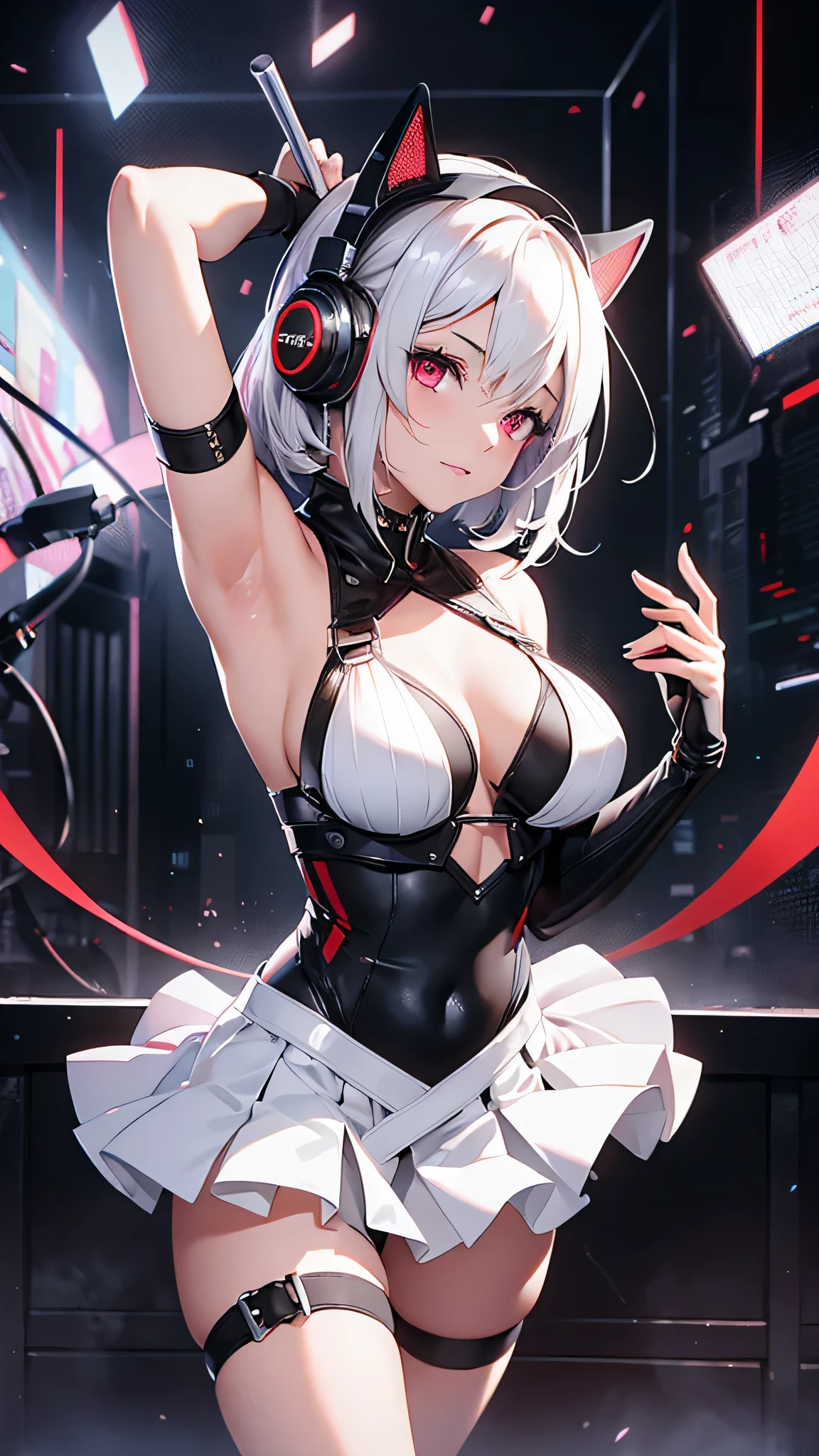 Highest quality、Highest quality、Masterpiece、girl((20-year-old、as soon as、Highest Bust、Medium Bust、Wide open chest、Red glowing eyes、Light Silver Hair、Shortcuts、Loincloth、thin、The best valley、Open chest、Full body view、Tank top、White see-through、White Skirt、Smile、Leaning forward greatly,Perforated gloves、A tense face、Red headphones))、high quality、Beautiful Art、background((Live Performance Venues、Party、Dance Club))、flight、Flying Debris、Depth of text、movie、Visual Arts、Perfect Art、8K、Genuine、