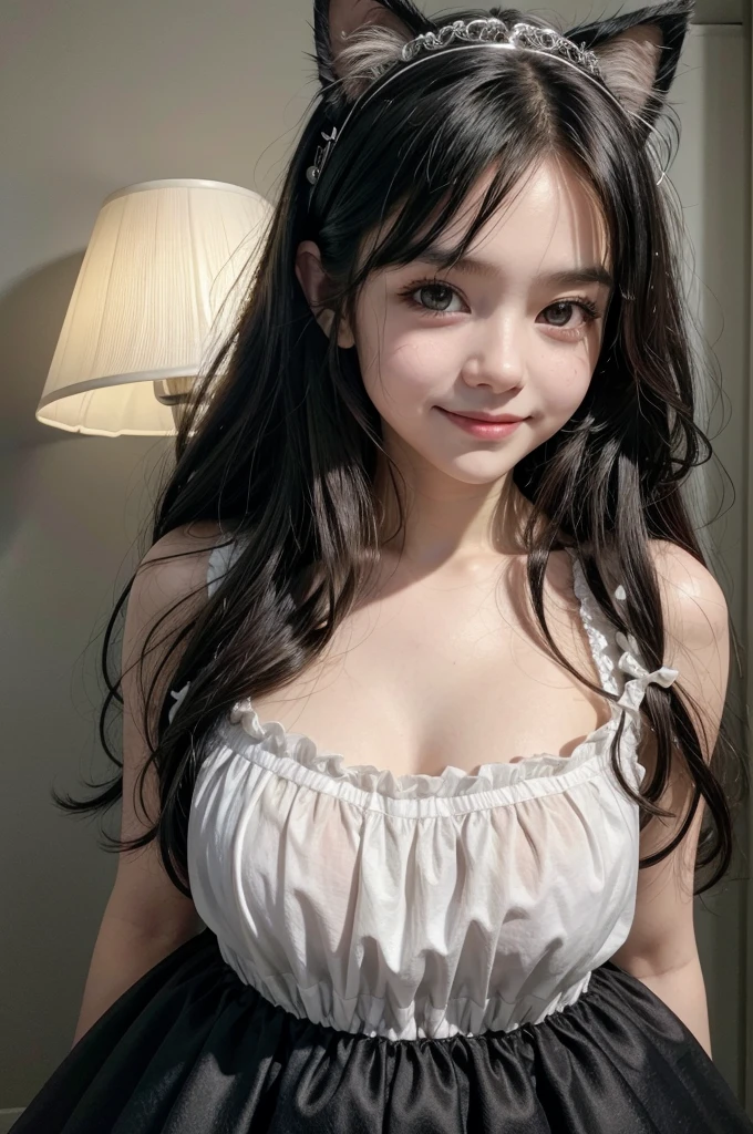 best qualityer, , black hair, long hair, , small, Linda, Grinning, whole body, nova, smallbreast, Messy hair, photoshot, real light, realisitic, fine-detailed, good lighting environment, lampshade, ful dressed, cat ears tiara, baby face